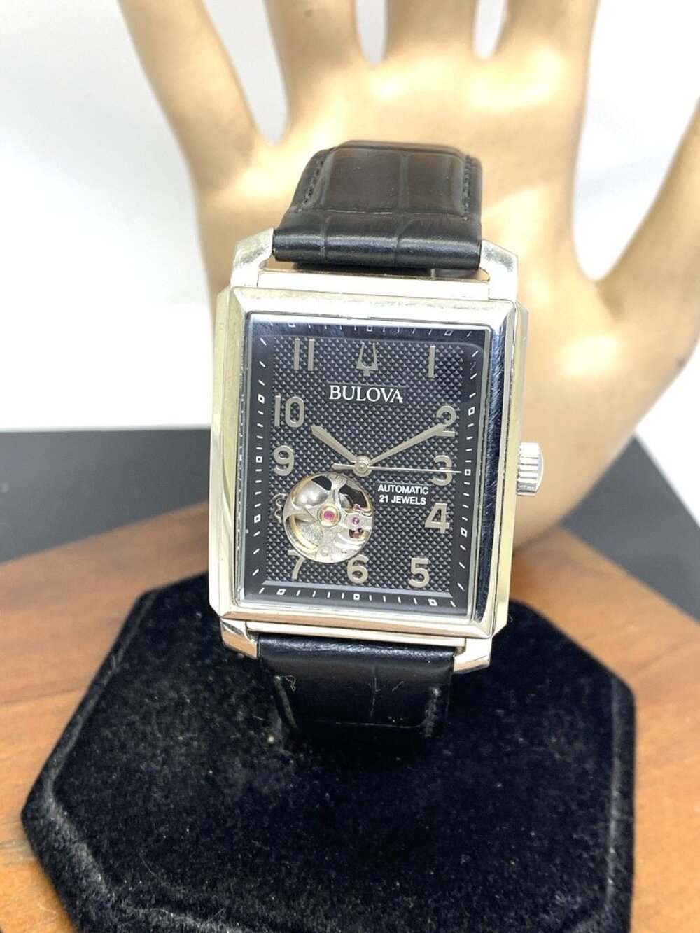 Bulova Men's Watch 96A269 Automatic Black Dial Leather Strap Rectangle 33x40mm